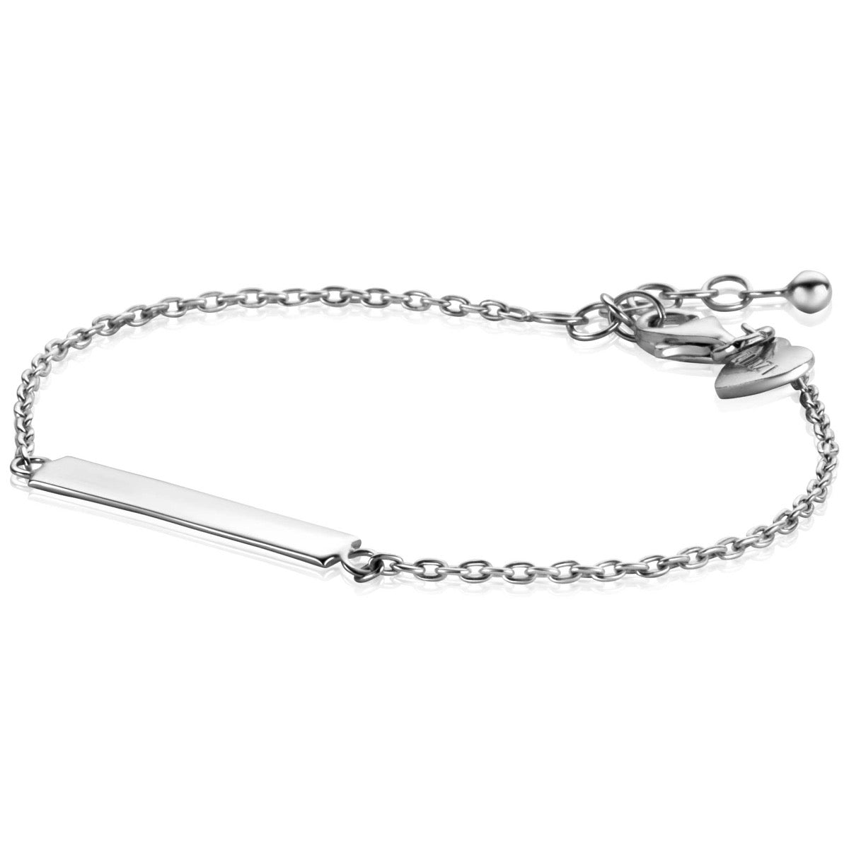 Bracelet en argent avec une plaque rectangulaire et une chaîne délicate.