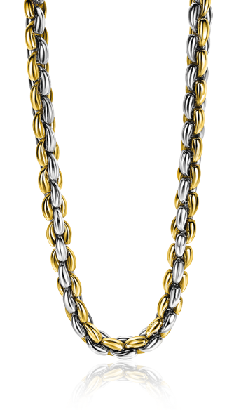 Collier doré et argenté avec maillons entrelacés.