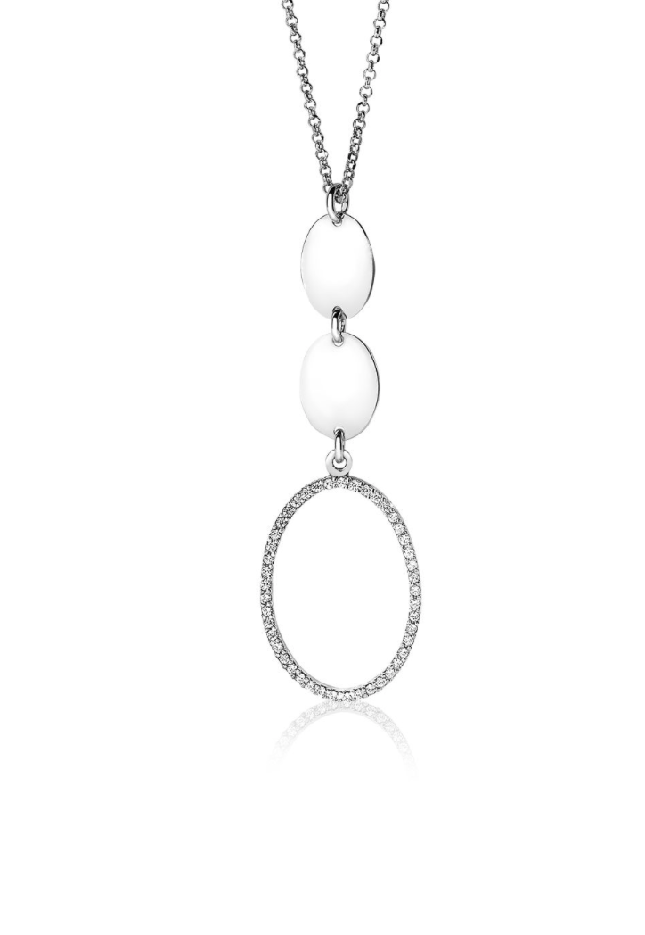 Collier en argent avec un pendentif ovale décoré de strass et deux éléments ronds.