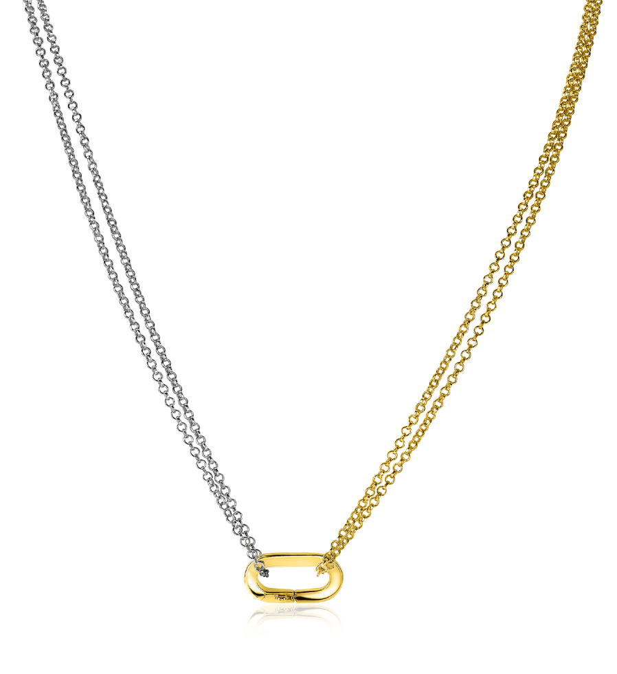 Collier en acier inoxydable avec deux chaînes, une dorée et une argentée, reliées par un maillon ovale.