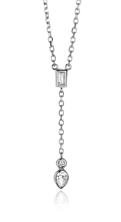 Collier en argent avec pendentif en forme de goutte et deux pierres brillantes.
