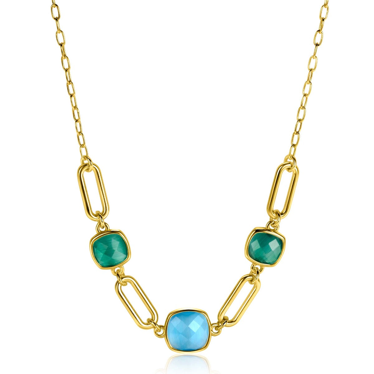 Collier doré avec trois pierres colorées, dont une bleue et deux vertes, et maillons allongés.