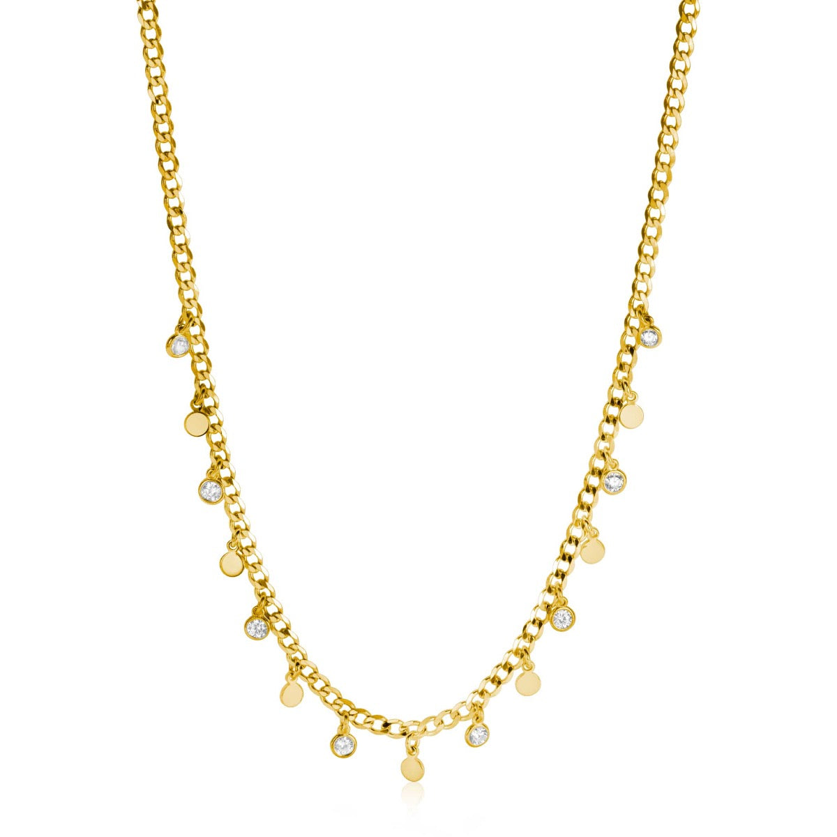 Collier doré avec des pendentifs ronds et des pierres brillantes.
