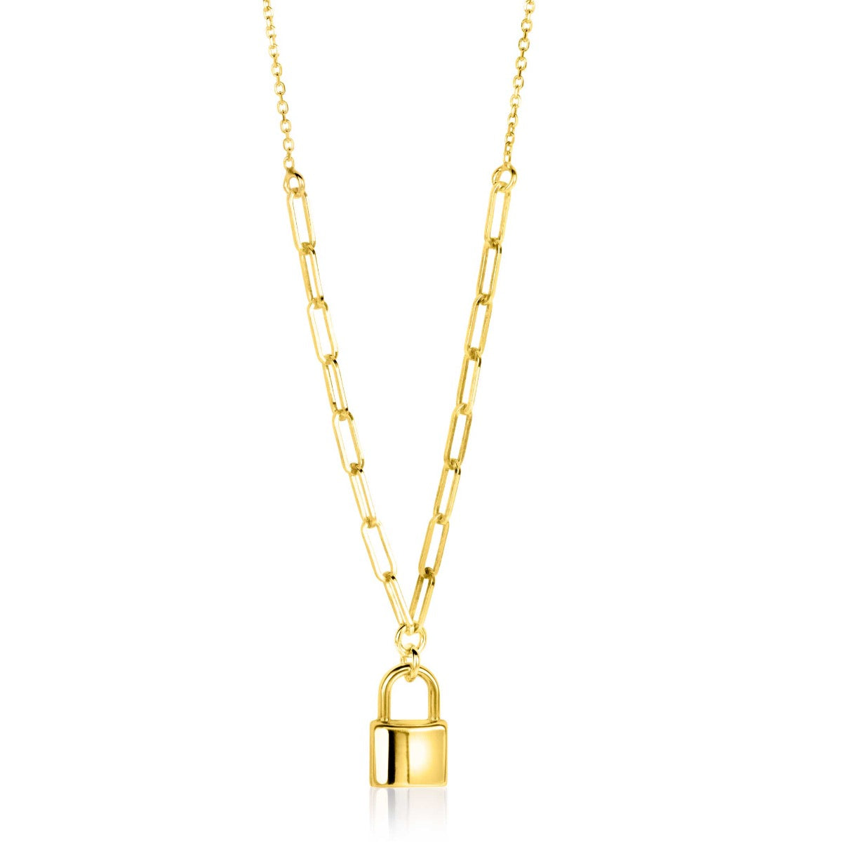 Collier doré avec maillon et pendentif en forme de cadenas.