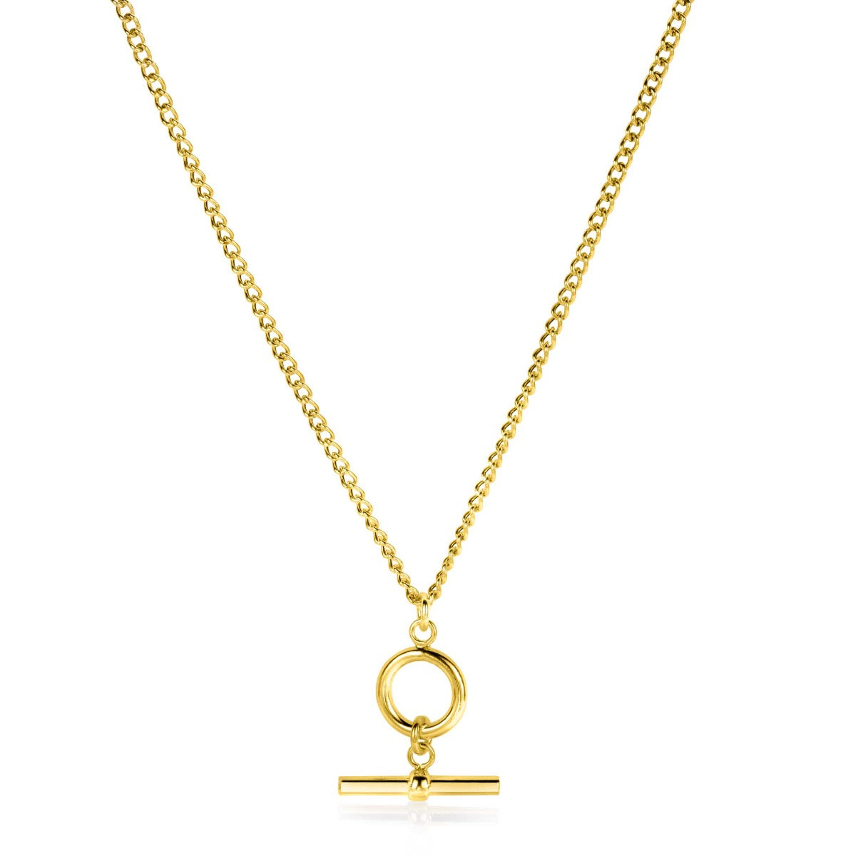 Collier doré avec un fermoir en forme de cercle et une barre horizontale.