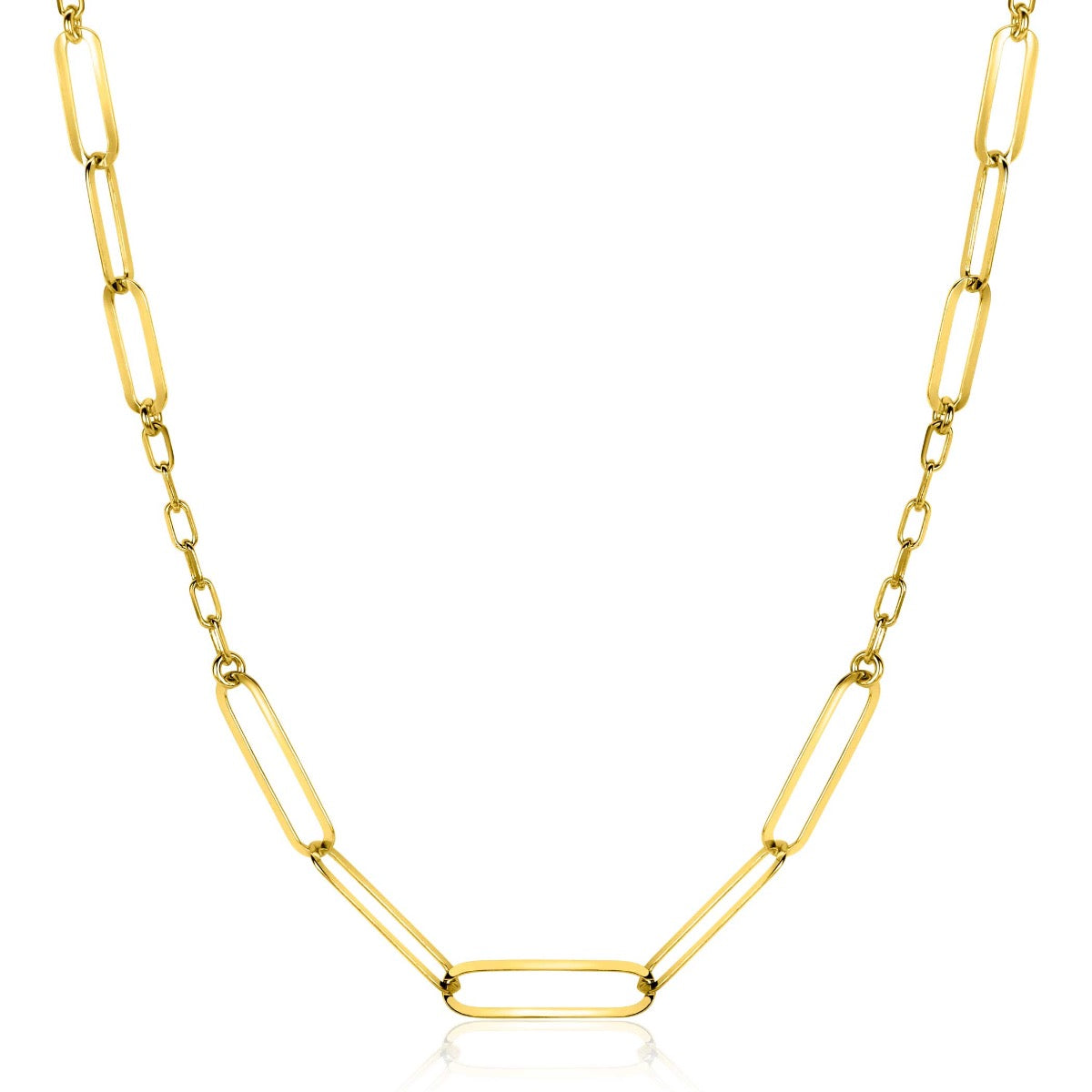 Collier doré avec maillons allongés et un maillon central plus large.
