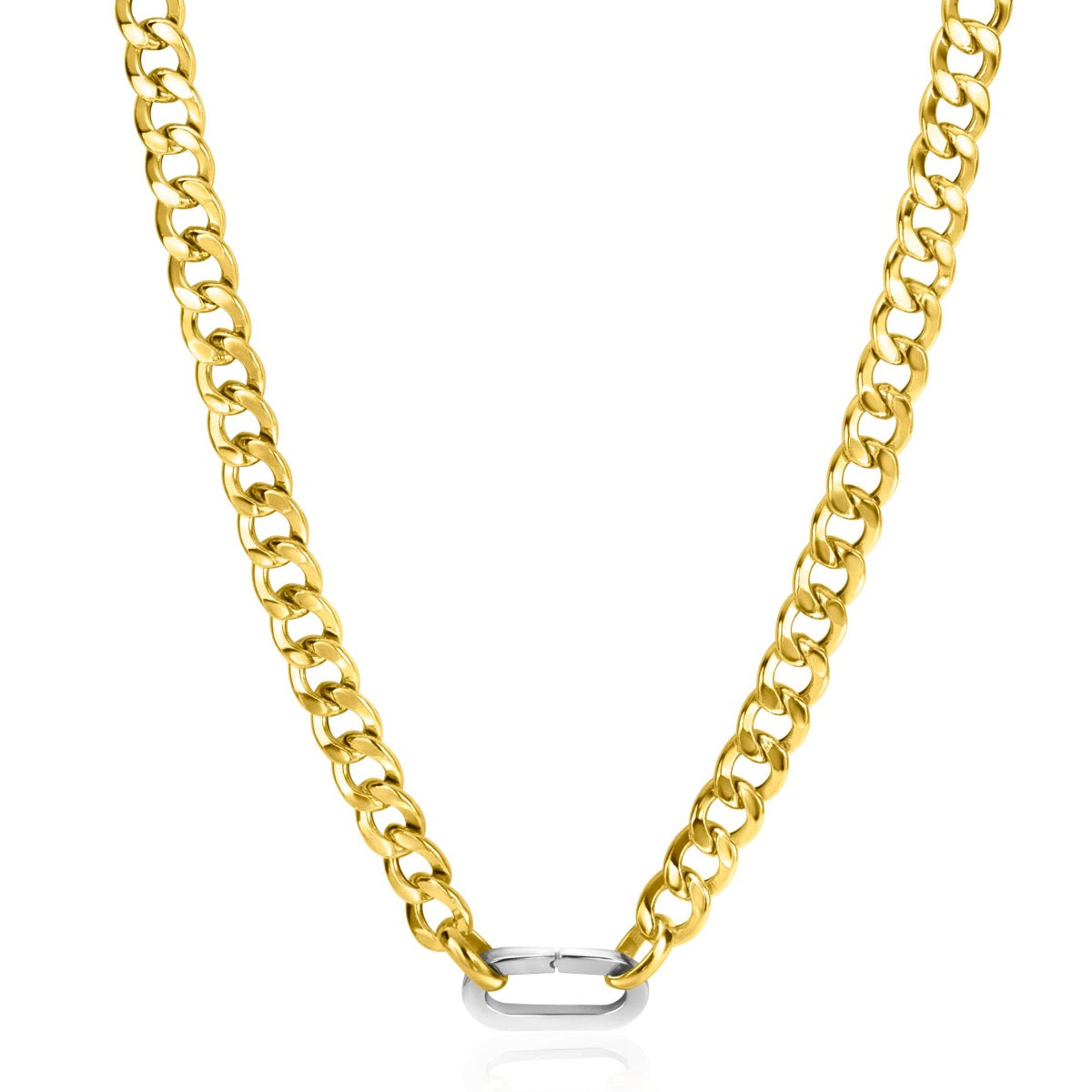 Collier doré avec maillons larges et fermoir en argent.