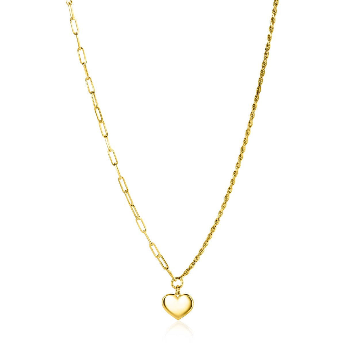Collier doré avec une chaîne à maillons et un pendentif en forme de cœur.