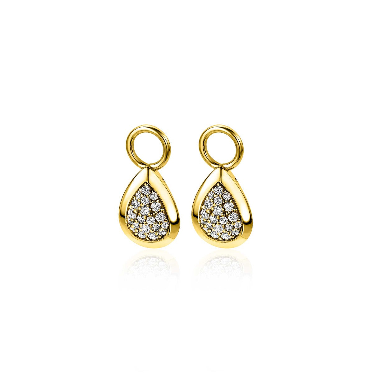 Boucles d'oreilles dorées en forme de goutte avec des pierres brillantes.