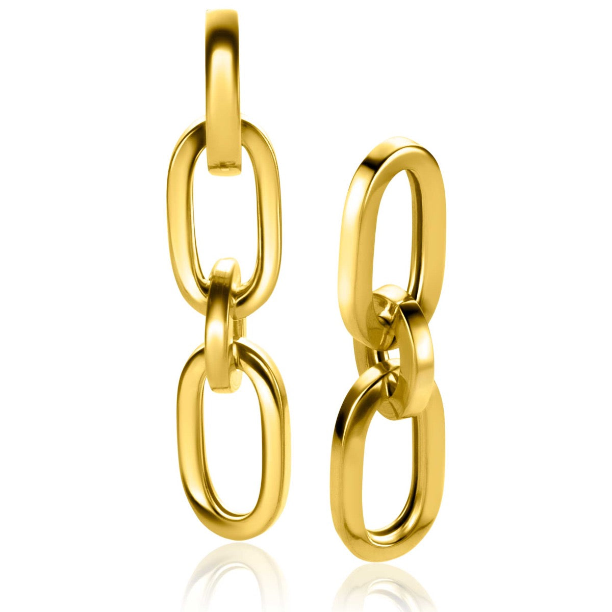 Boucles d'oreilles dorées en forme de maillons entrelacés.