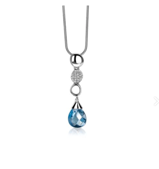 Pendentif en argent avec une pierre bleue en forme de goutte et un détail en zircon.
