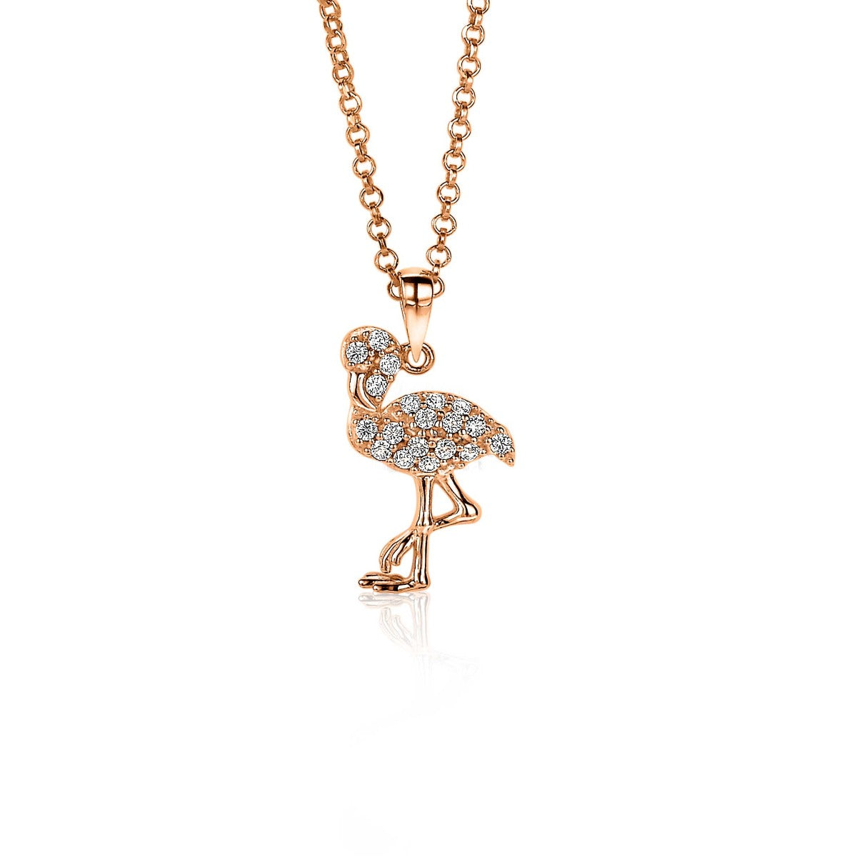 Pendentif en forme de flamant rose en métal doré, orné de cristaux brillants.