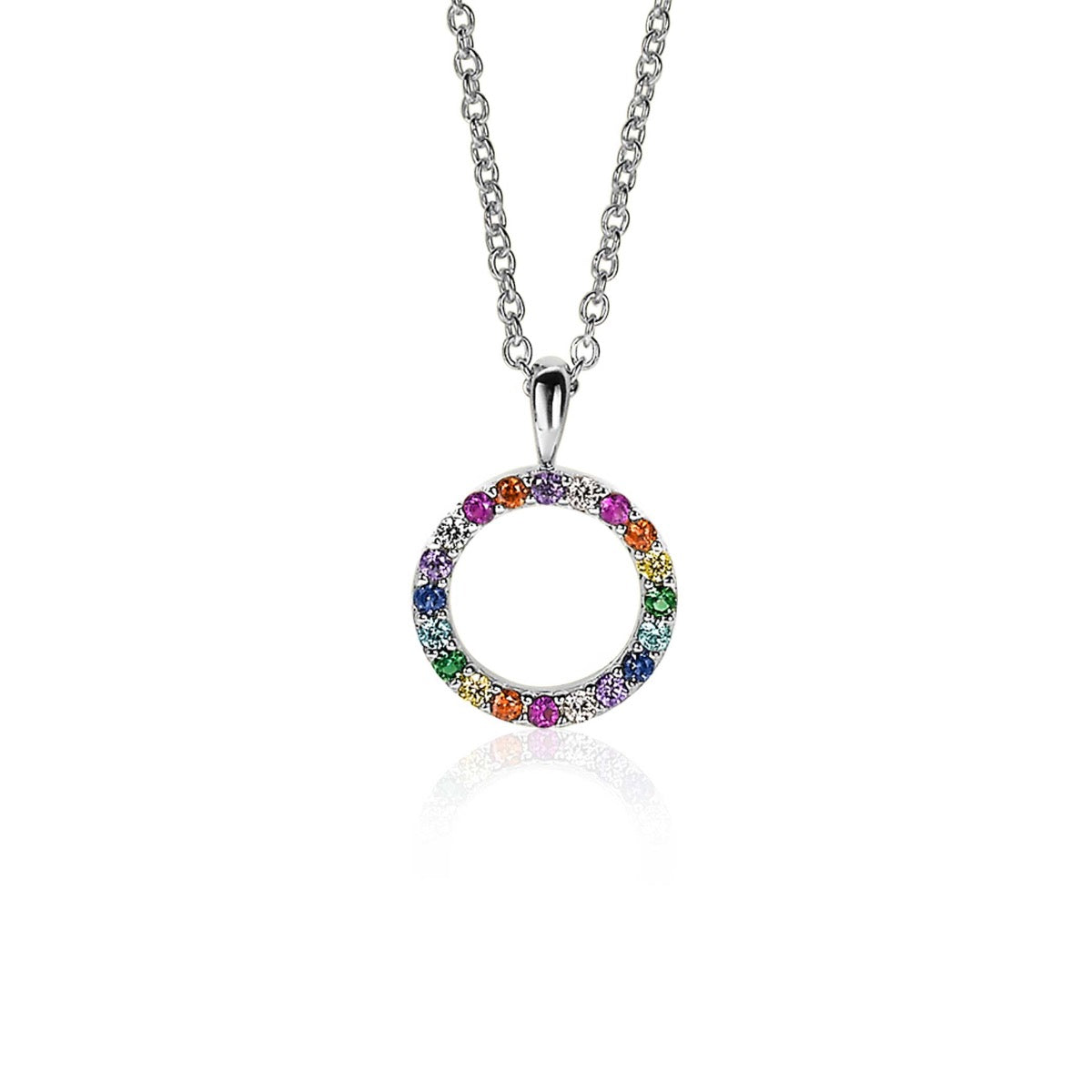 Pendentif argenté en forme de cercle avec des pierres colorées.