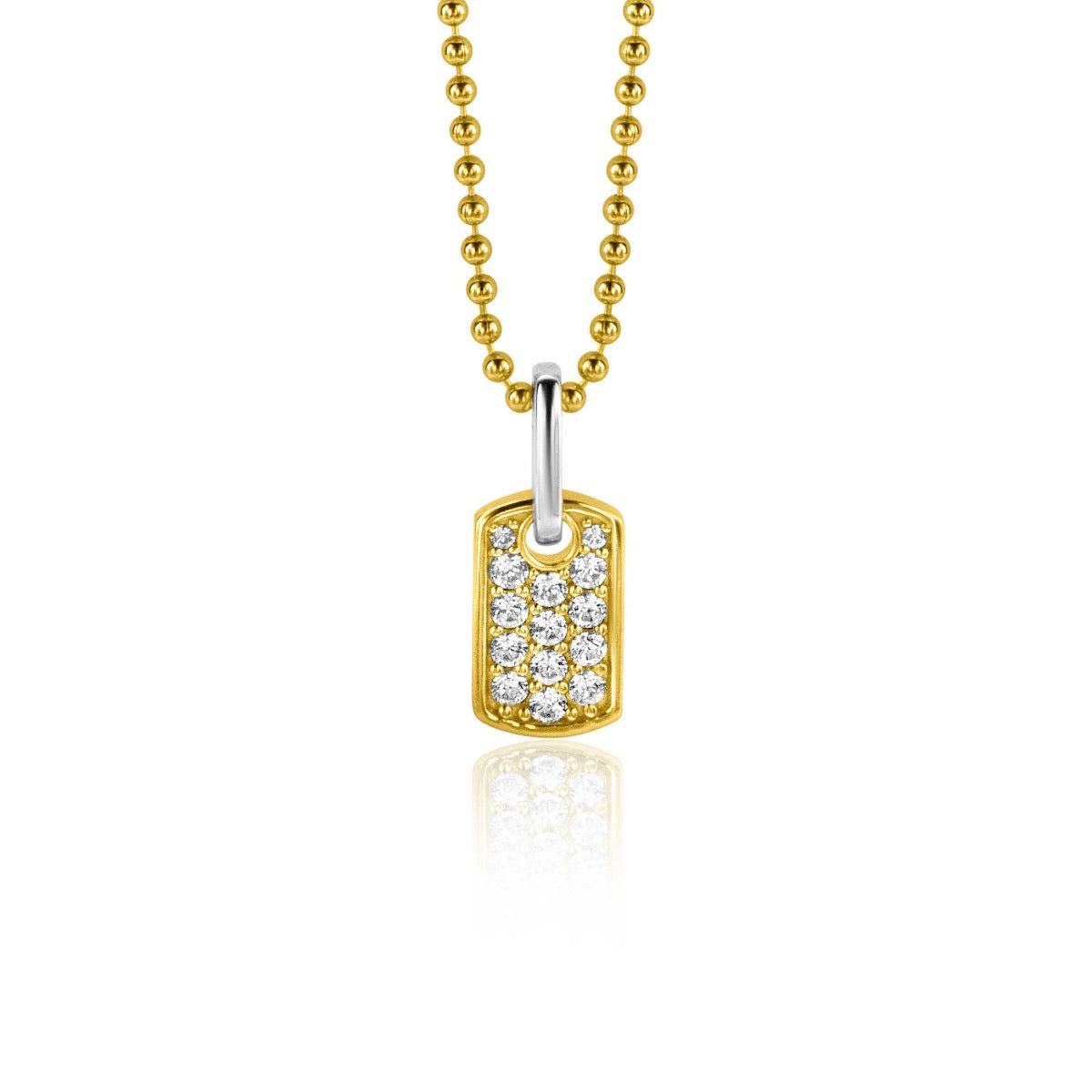 Pendentif doré avec strass, suspendu à une chaîne à billes dorées.