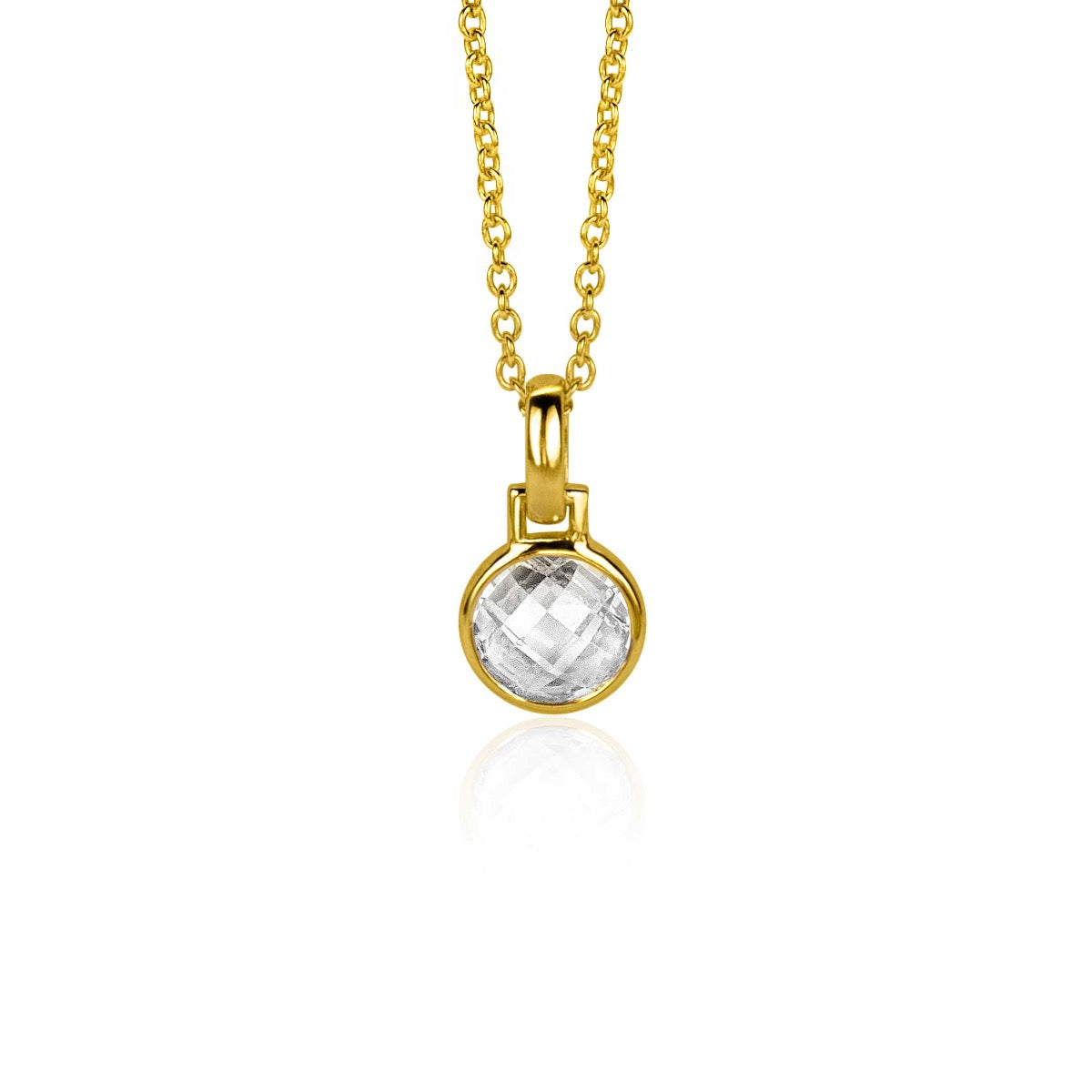 Pendentif doré avec un cristal transparent, suspendu à une chaîne délicate.