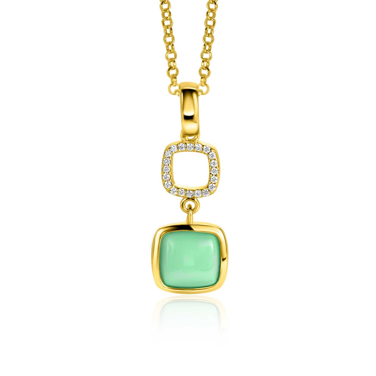 Pendentif doré avec un carré en pierre verte et un carré en zircon.