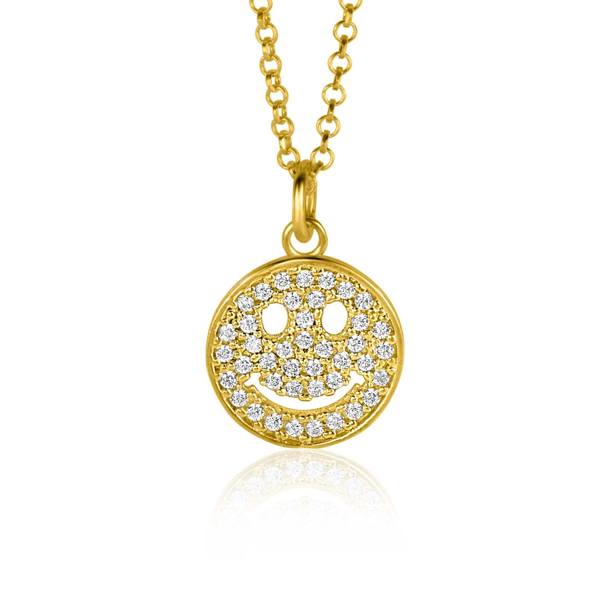 Pendentif en forme de smiley en plaqué or, orné de zircons scintillants.
