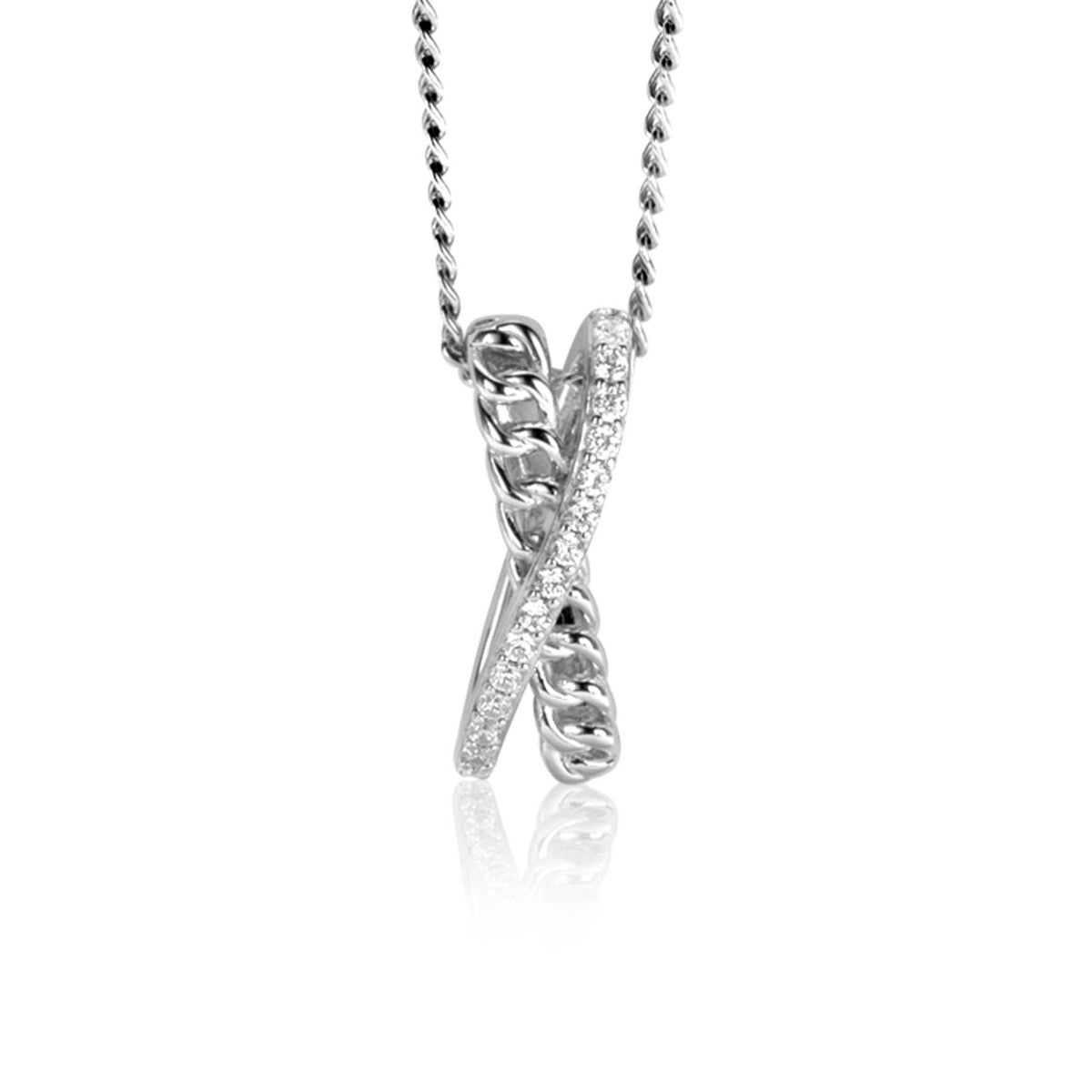 Pendentif en argent avec des détails en zirconium, suspendu à une chaîne délicate.