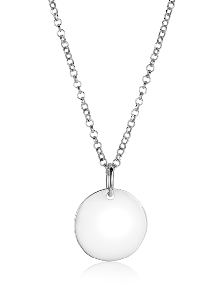 Pendentif argenté rond suspendu à une chaîne en argent.