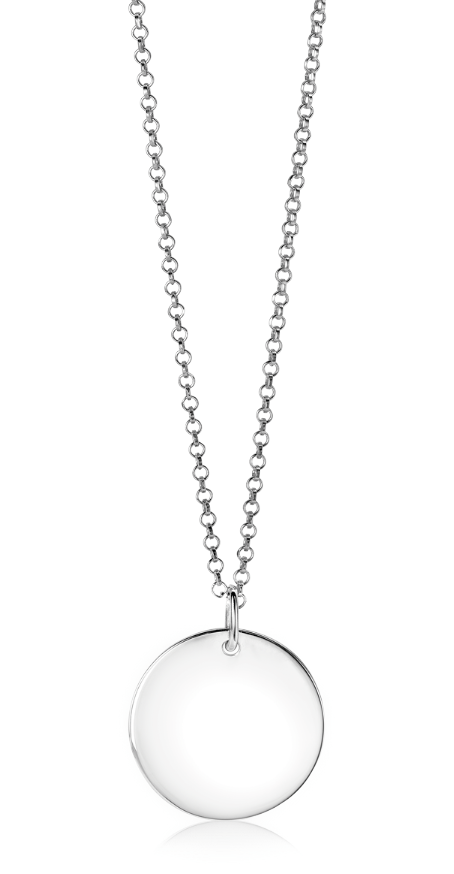 Pendentif rond en argent avec chaîne en argent.