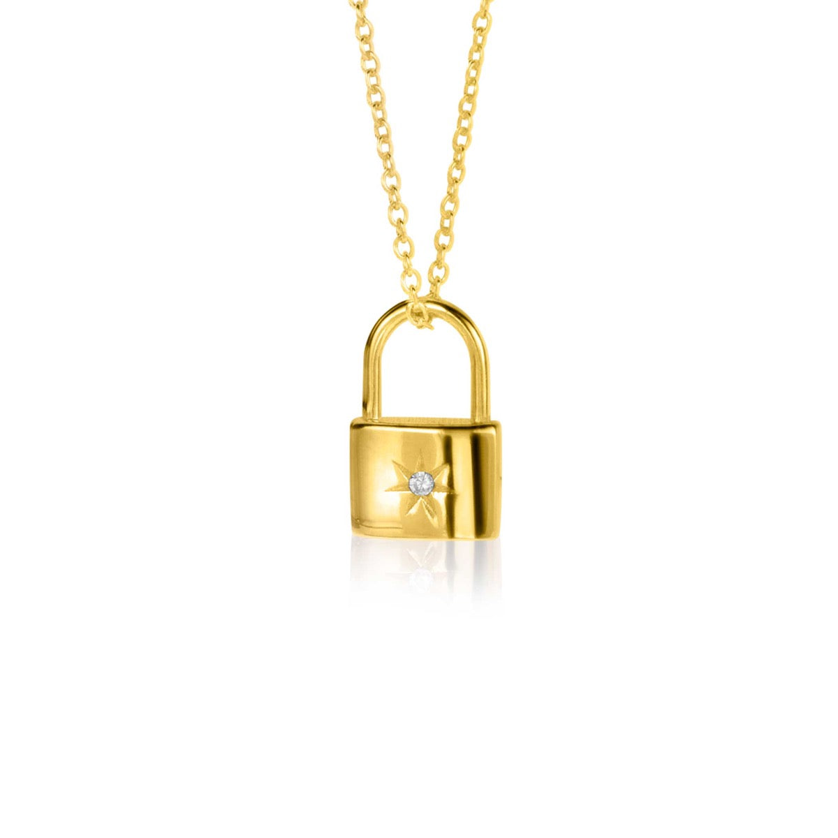 Pendentif doré en forme de cadenas avec une étoile en pierre précieuse.