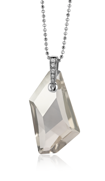 Pendentif en argent avec un cristal taillé en forme de diamant et des détails en strass.