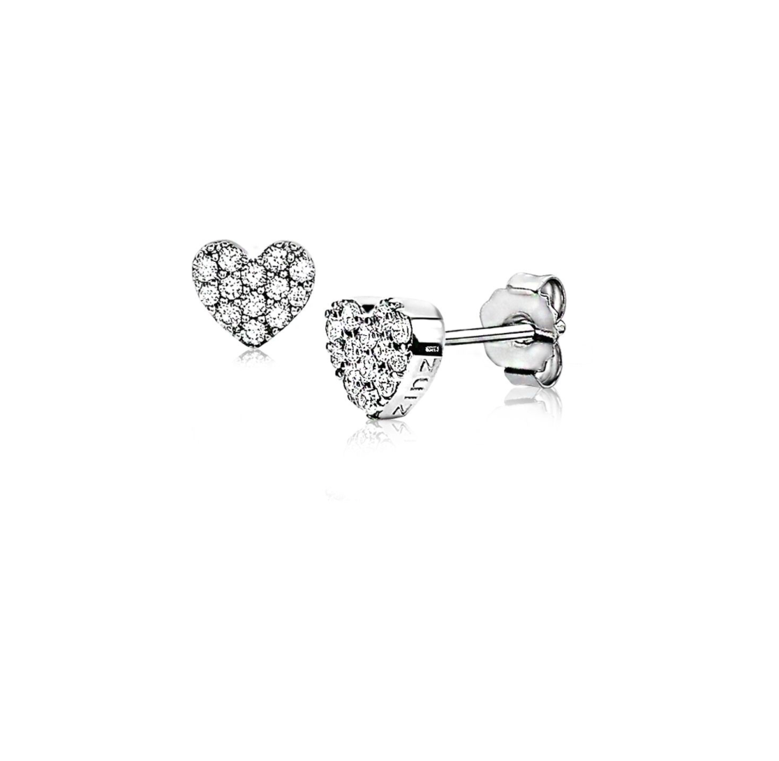 Boucles d'oreilles en argent en forme de cœur, ornées de pierres brillantes.