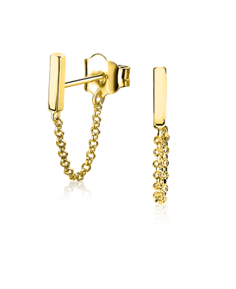 Boucles d'oreilles dorées avec une chaîne et des éléments en cristal.