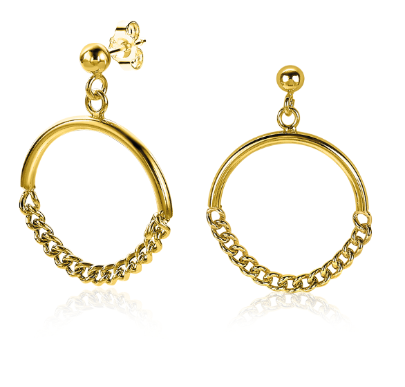 Boucles d'oreilles dorées avec une chaîne en maillons et un design circulaire.