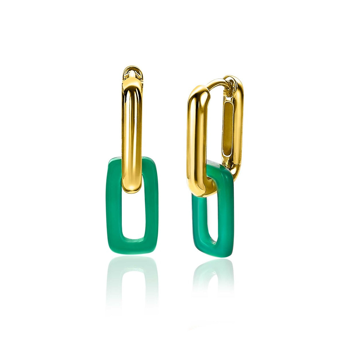 Boucles d'oreilles dorées avec un élément vert en forme de rectangle.