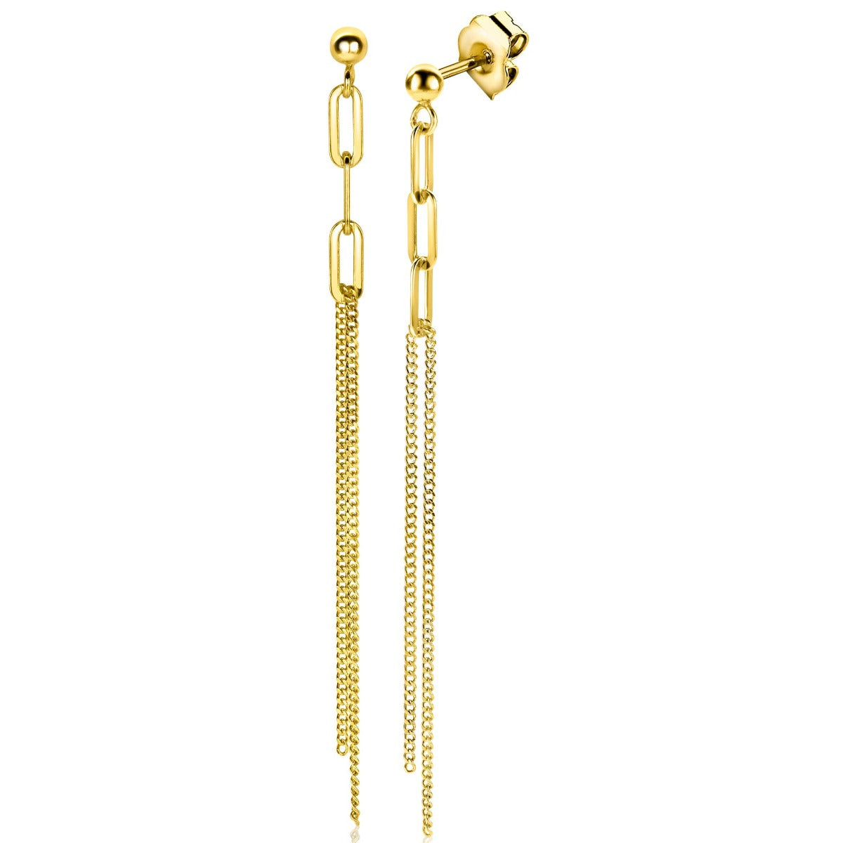 Boucles d'oreilles dorées avec chaînes et maillons, pendantes et modernes.