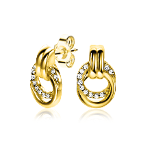 Boucles d'oreilles dorées avec des cristaux, en forme de maillons entrelacés.