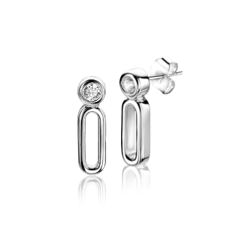 Boucles d'oreilles en argent avec un design géométrique et un zircon scintillant.