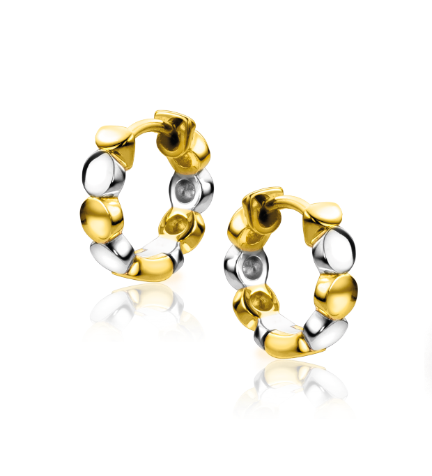 Boucles d'oreilles en argent et or, de forme ronde avec des détails en relief.