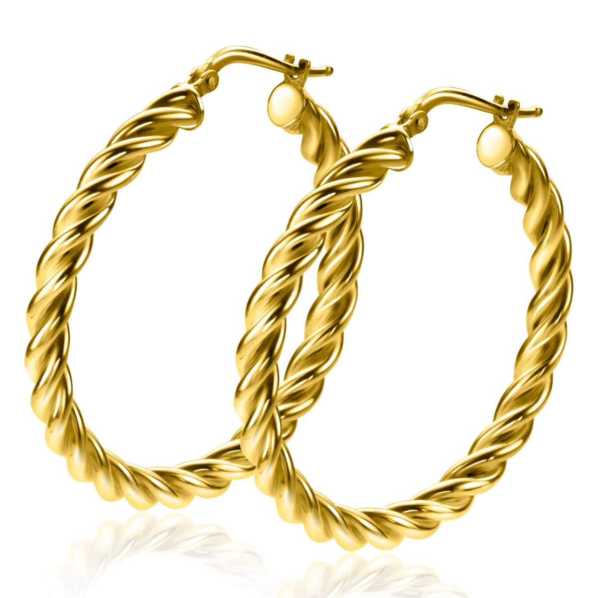 Boucles d'oreilles dorées en forme de créoles torsadées.