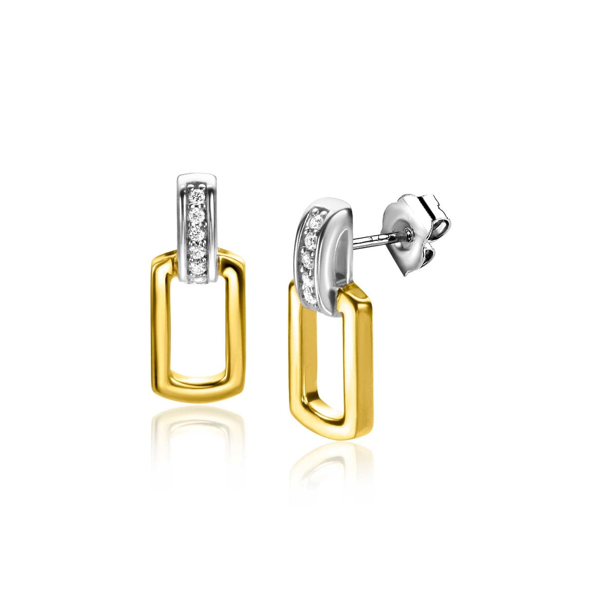 Boucles d'oreilles dorées en forme de rectangle avec des détails argentés et des pierres scintillantes.