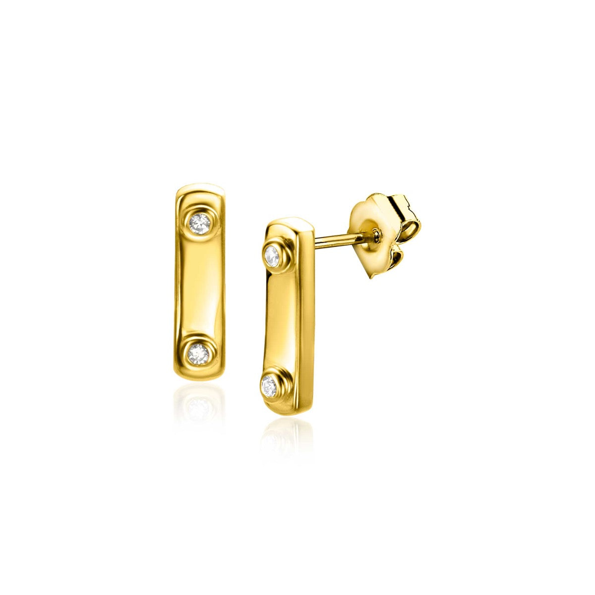 Boucles d'oreilles en plaqué or avec deux petites pierres brillantes.