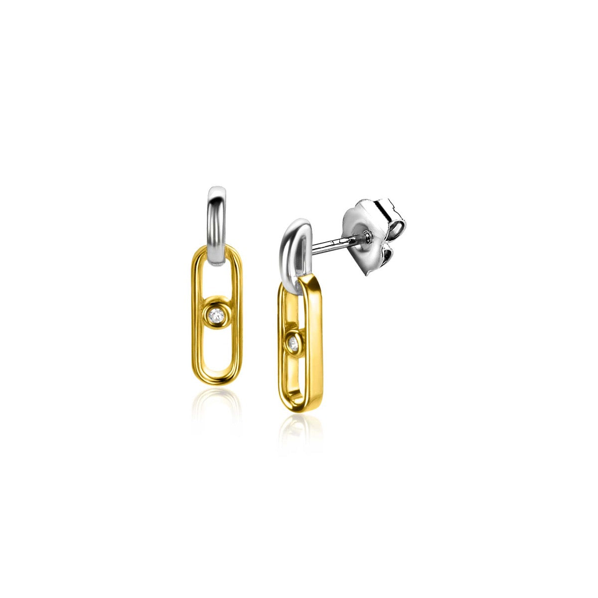 Boucles d'oreilles dorées en forme de maillon, avec un détail brillant.