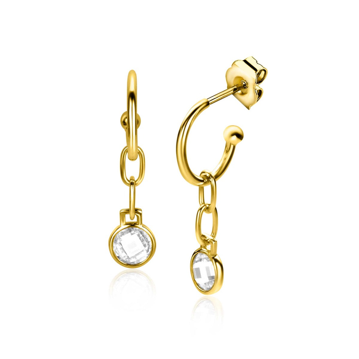 Boucles d'oreilles dorées avec un pendentif en cristal transparent.