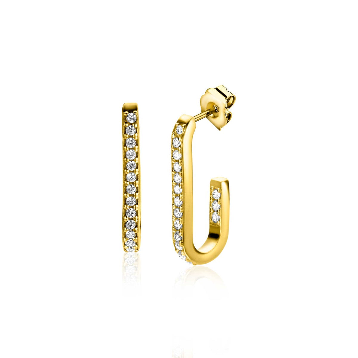 Boucles d'oreilles dorées avec des zircons, en forme de barre et de crochets.
