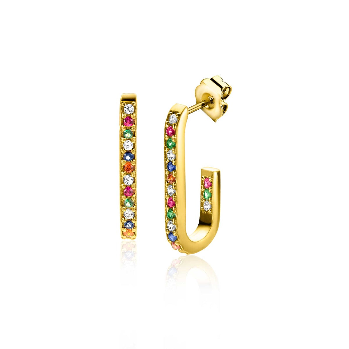 Boucles d'oreilles en plaqué or avec des pierres colorées disposées sur un design en forme de U.