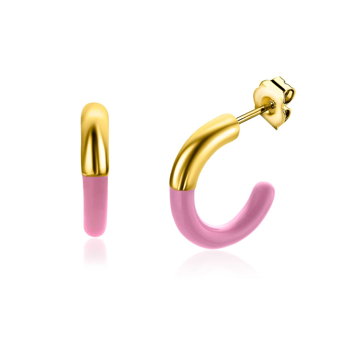 Boucles d'oreilles en métal doré avec une finition rose, en forme de croissant.