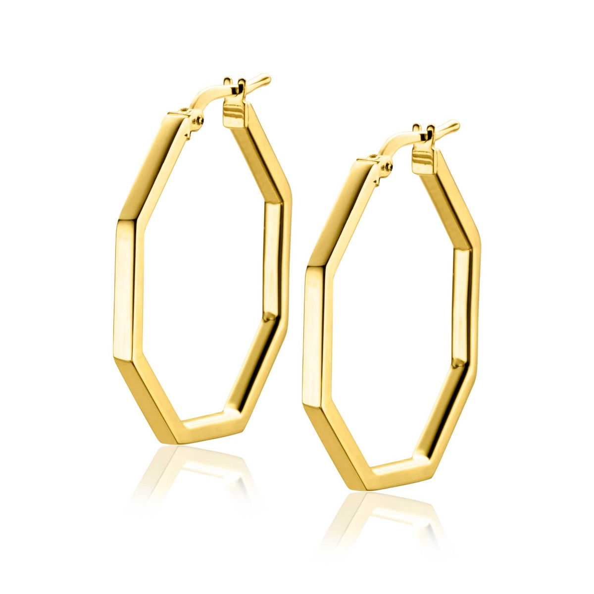 Boucles d'oreilles dorées en forme d'hexagone avec une finition lisse.
