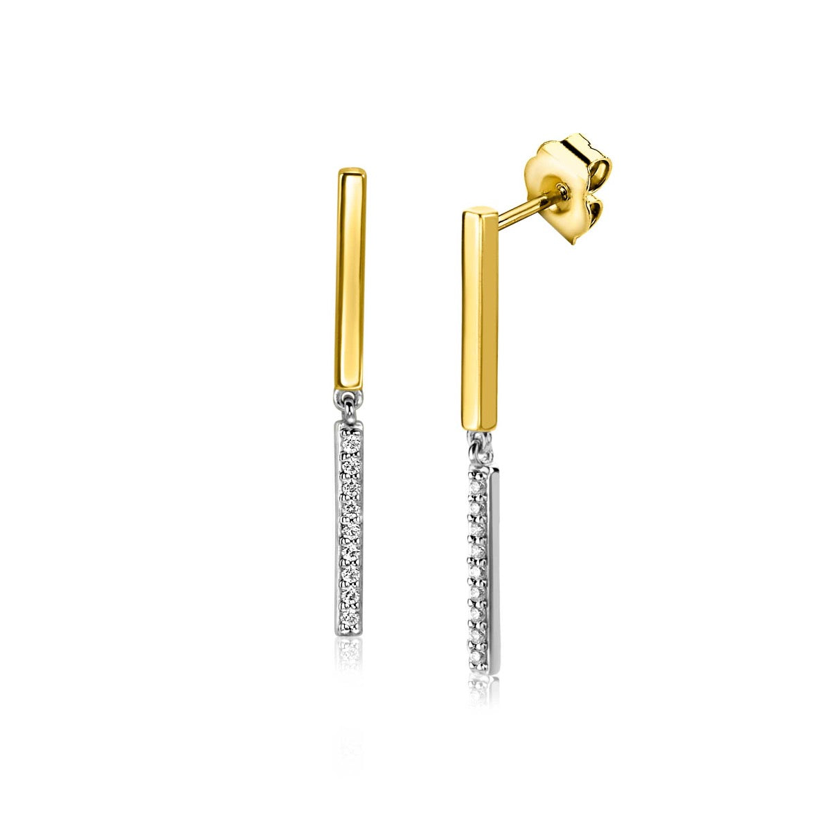 Boucles d'oreilles plaquées or avec une tige dorée et une partie argentée ornée de strass.