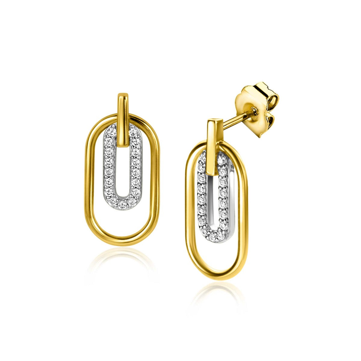 Boucles d'oreilles dorées en forme de trombone avec des détails en strass.
