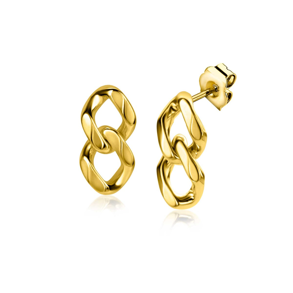 Boucles d'oreilles dorées en forme de maillons entrelacés.