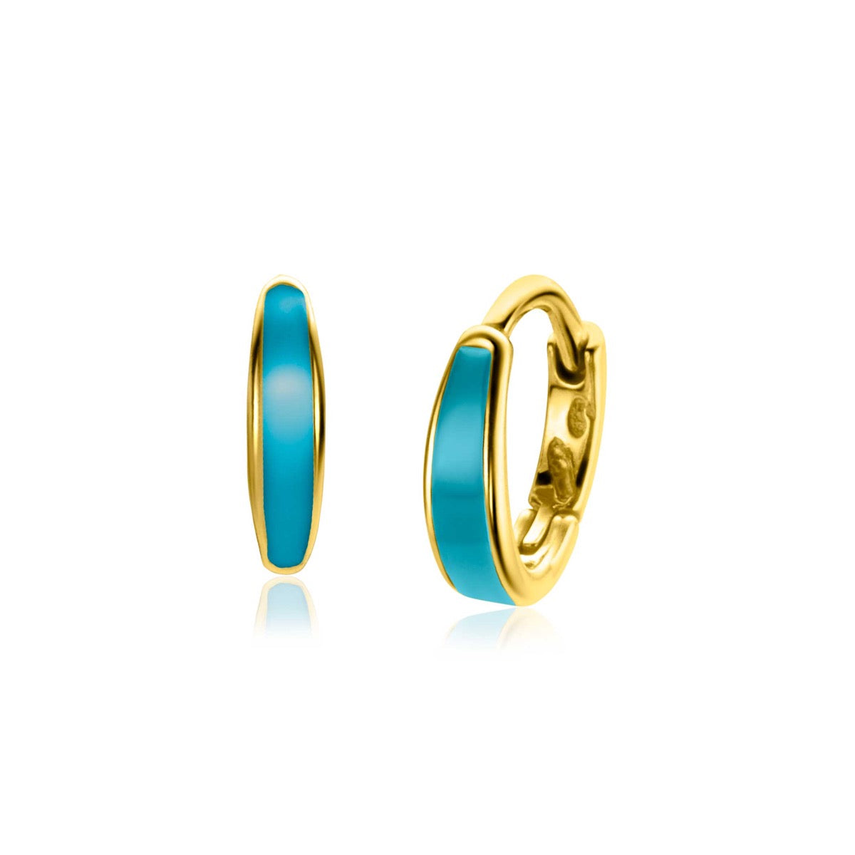 Boucles d'oreilles dorées avec une finition lisse et une bande turquoise.