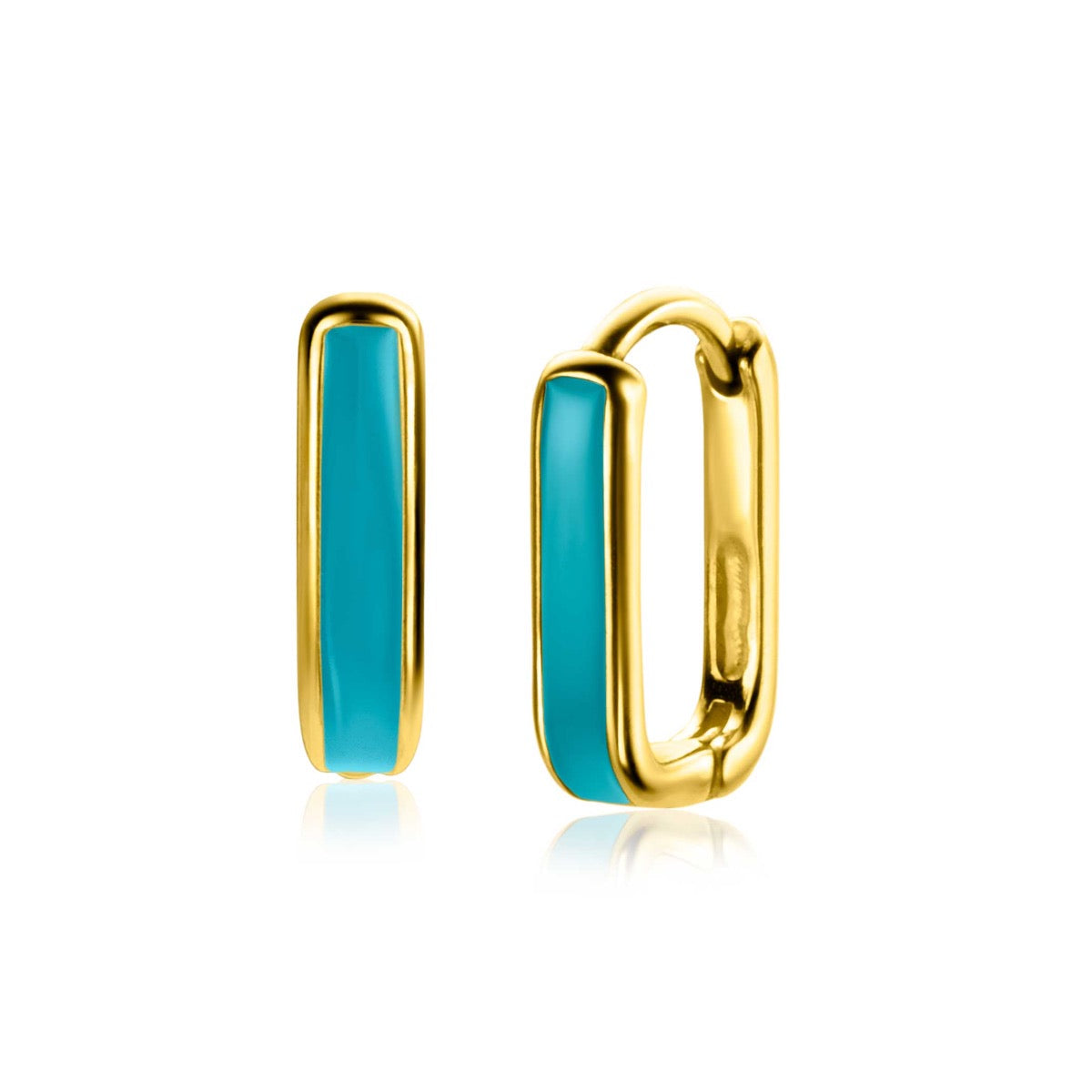 Boucles d'oreilles dorées avec une barre turquoise.