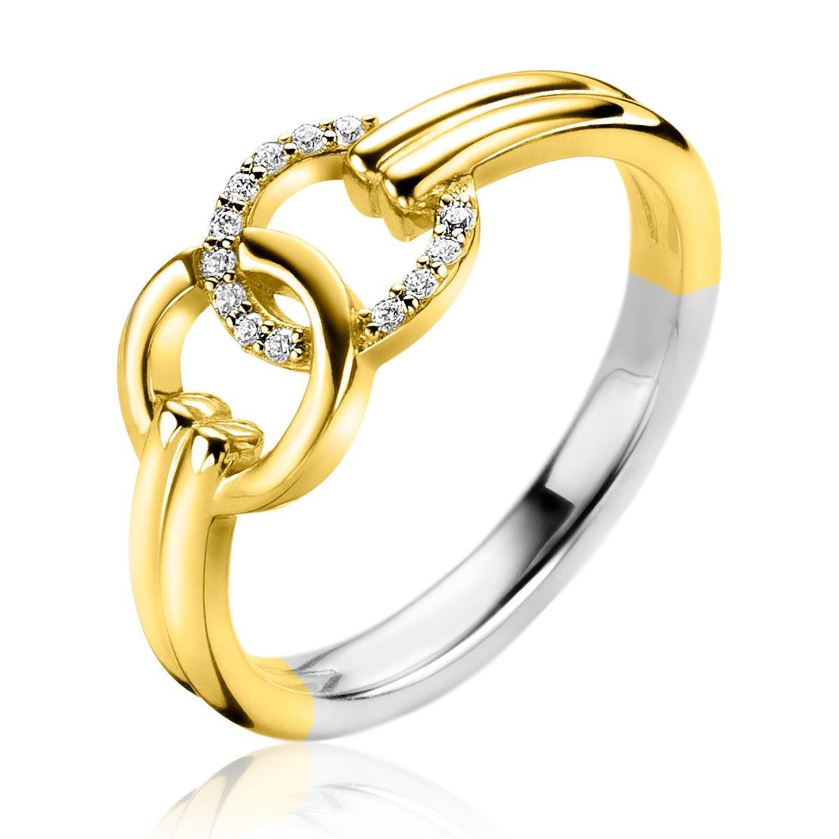 Bague dorée avec des détails en argent et des zircons scintillants.