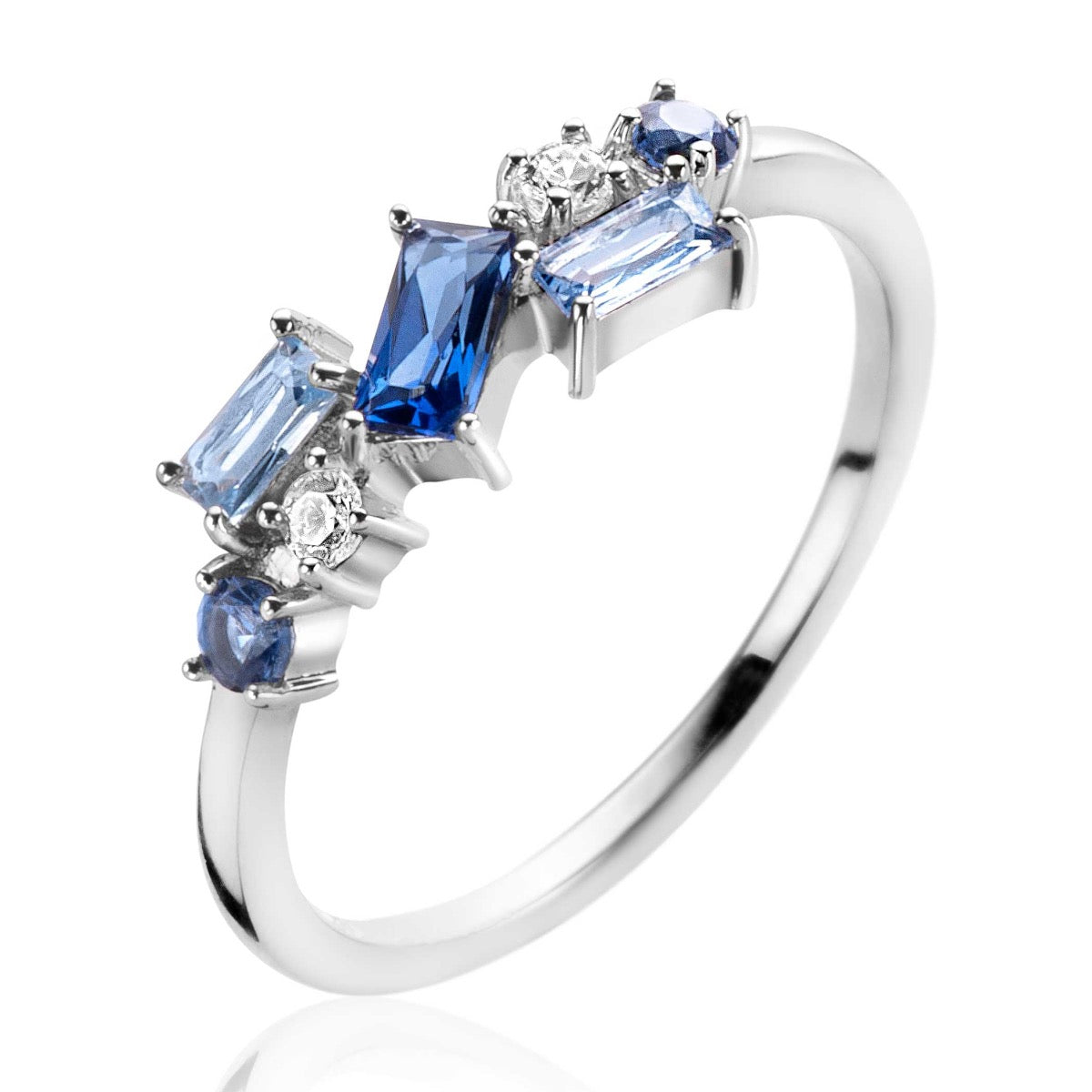 Bague en argent avec pierres précieuses rectangulaires et rondes, bleu et transparent.